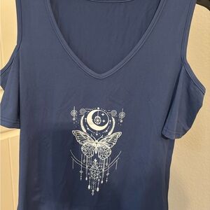 Women's Navy Blue Cold-Shoulder Graphic Tee with Butterfly Moon Design